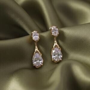 Molten Crystal Earrings Gold Liquid Stud CZ Teardrop Geometric Boho VTG Retro